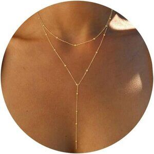 Foxgirl Gold Lariat Necklace Women Layered Y Chain 14k Plated CZ Pendant